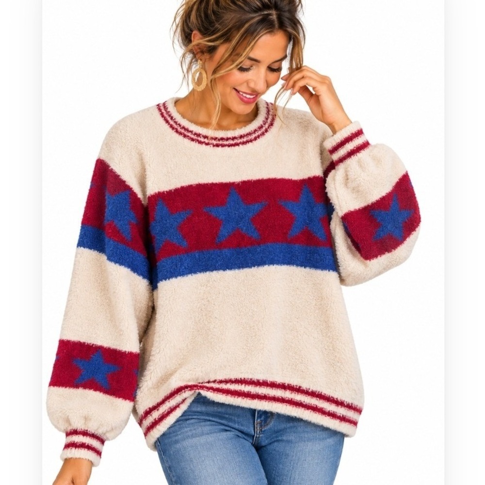 POL Star Fuzzy Sweater Small Oversized Y2K Americana Coastal Cowgirl